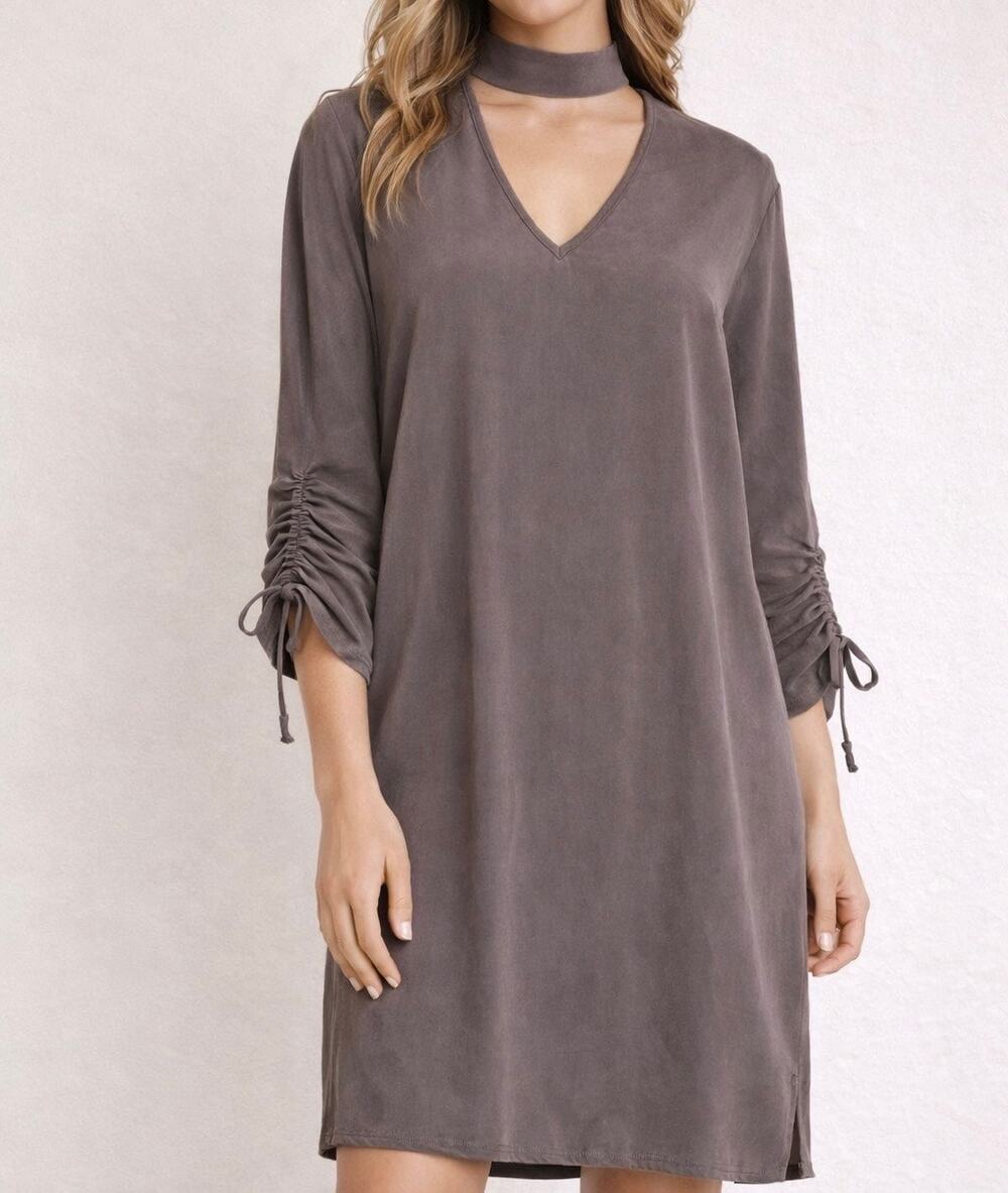Everly Taupe Mock Neck Keyhole Dress Ruched Sleeves Size M